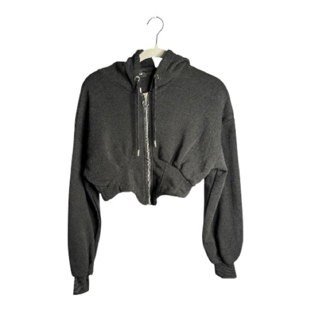 New Look Black Cropped Hoodie w/ Silver Zipper Size Large